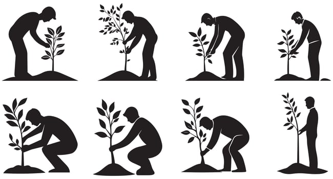 Tree Planting Silhouette Set, Eco-Friendly Environmental Conservation Design vector