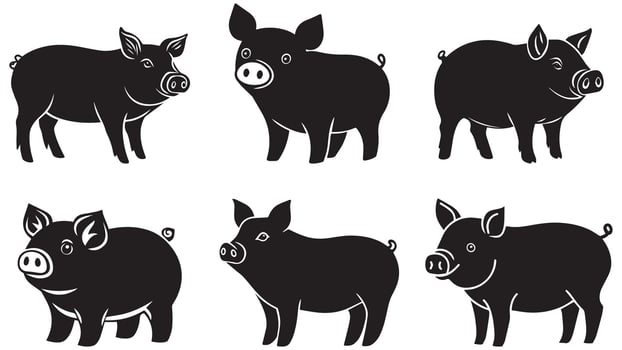 Pig Silhouette Set, Black Farm Animal Icons for Agriculture and Farming vector
