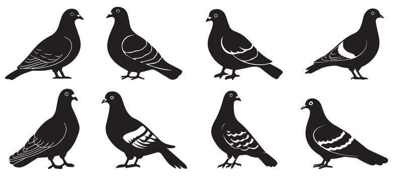 Pigeon Silhouette Set, Collection of Decorative Flying Bird Icons vector