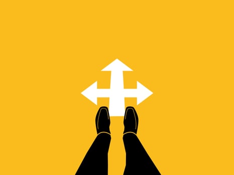 Businessman standing at crossroads, business decision top view vector
