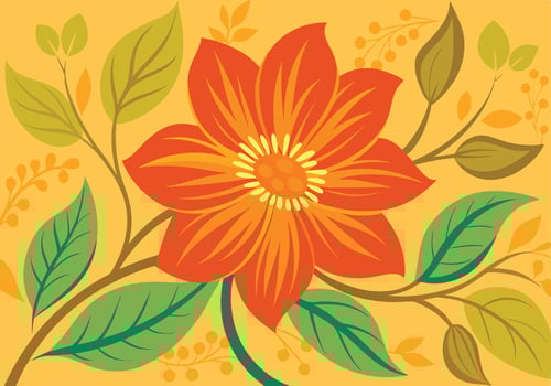 Vibrant Orange Flower with Lush Green Leaves on Yellow vector