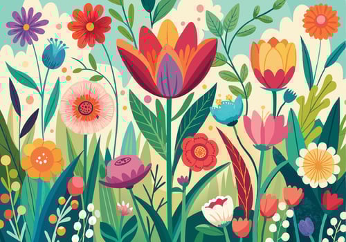 Vibrant Spring Floral Garden Colorful Tulips, Flowers, Plants vector