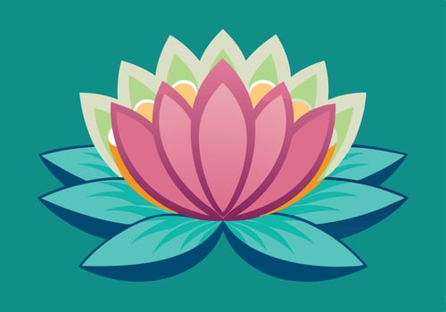 Stylized Lotus Flower Teal Background, Pink Petals, Green Leaves vector