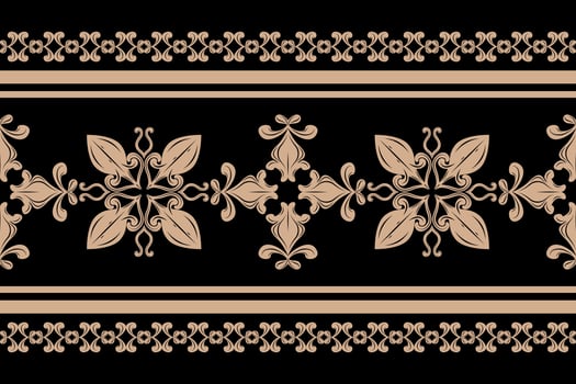 Royal Gold on Black Background Filigree Border Design with Florals Stripe Decoration Seamless Pattern. Elegance Blooming in Dark Luxury Fine Mysterious Decoration for Ceramic Wallpaper Interior vector