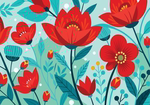 Vibrant Red Floral Design, Teal Leaves, Artistic Botanical Illustration vector