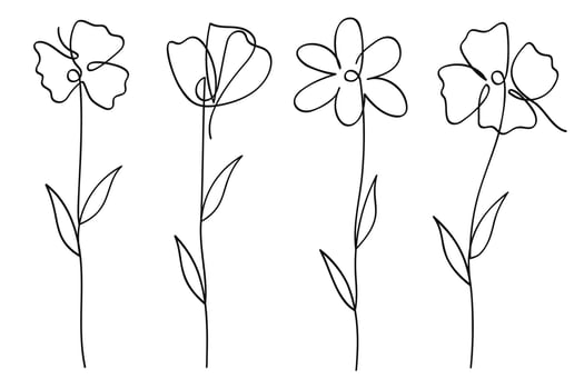 Flowers drawn in one line art collection vector