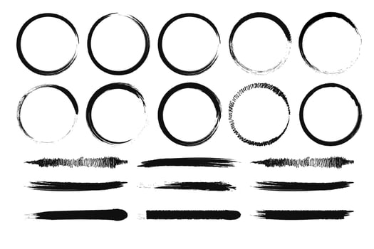 Japanese round brushstrokes. Asian enso circles. Straight distress long lines set. Chinese black zen calligraphy elements.Abstract illustration. vector