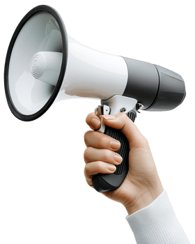 Hand Holding a White and Gray Bullhorn Megaphone Loudspeaker Announcement Device png