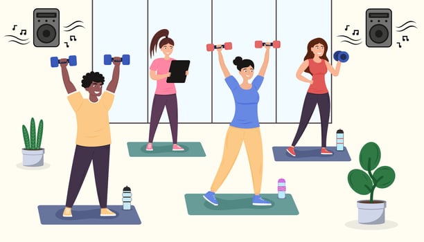 Illustration of a group fitness class with people lifting dumbbells on mats, upbeat music playing, and an instructor supervising. vector
