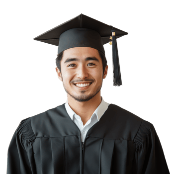 Happy Asian Male Graduate in Cap and Gown Celebrating Academic Achievement png