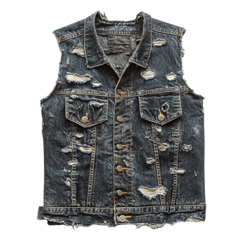 Classic Blue Denim Sleeveless Jacket with Worn-Out Ripped Texture and Metal Button Fastening on Transparent Background png