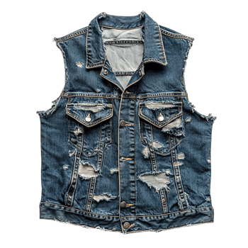 Stylish Sleeveless Blue Denim Vest with Heavy Distressing, Button Closure, and Classic Pocket Details on Transparent Background png