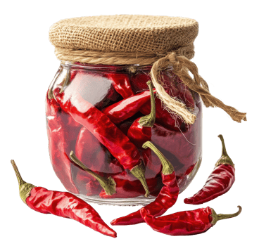 Glass Jar of Pickled Red Chili Peppers with Burlap Lid and Dried Chilies png