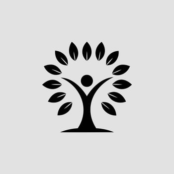 Minimal black icon silhouette of person tree with circular leaves canopy symbolizing nature growth wellness vector