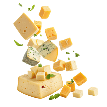 Delicious cheese varieties float gracefully in air showcasing their unique textures and colors, perfect for any culinary delight png