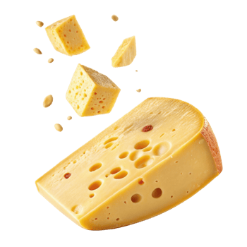 Delicious cheese pieces float above wedge of cheese showcasing its texture and holes, perfect for culinary delights png