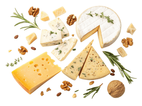 Delight in variety of cheese including creamy brie and sharp cheddar surrounded by herbs and nuts creating gourmet experience png