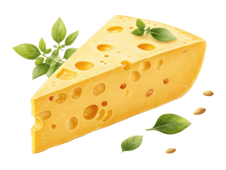 delicious piece of cheese with holes is surrounded by fresh green leaves, showcasing its rich texture and inviting color png