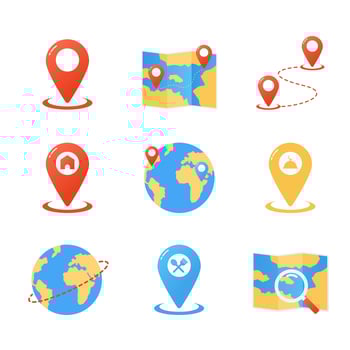 Nine location icons depicting different points of interest. Perfect for travel websites, map applications, and tourist guides. vector