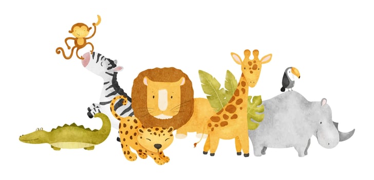 African jungles animals rhino, lion, monkey, giraffe, leopard, crocodile, toucan. Horizontal arrangement of safari friends. Kids isolated watercolor illustration for design baby shower cards, poster vector