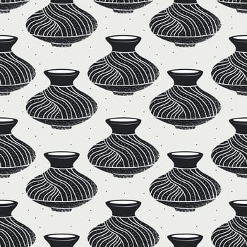 Ancient African black and white clay pot with tribal ornaments. seamless pattern with traditional handmade ceramic pottery used for rituals, storage, or decoration in ethnic cultures. vector