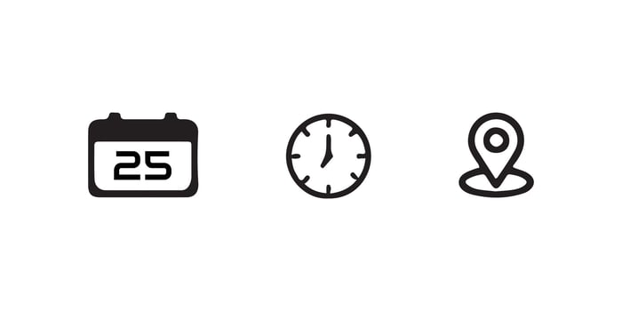 Calendar, Clock, and Location Icons Representing Dates, Times, and Places vector