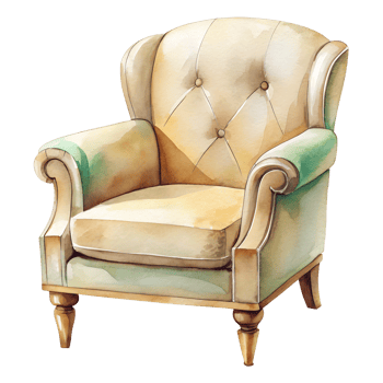 Elegant Watercolor Painting of a Vintage Armchair with Button Tufted Back and Rolled Arms isolated on white or transparent background png