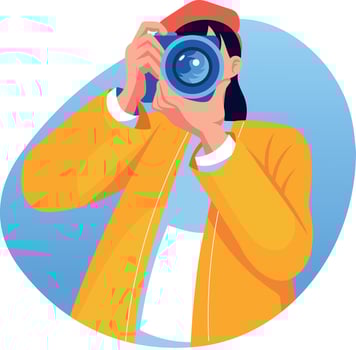 A flat style illustration of a character doing photography with camera vector