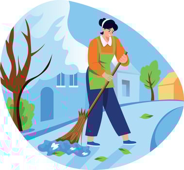 Flat style illustration of a character sweeping the road with a broom vector