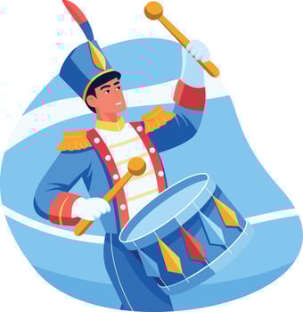 A flat style illustration of drumming character wearing a band uniform vector