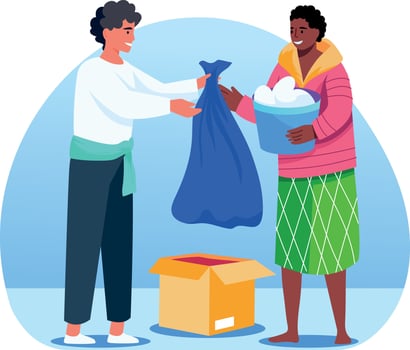 A character giving charity things to an old lady, flat style illustration vector