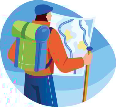 Flat illustration of an adventurer character holding a map vector