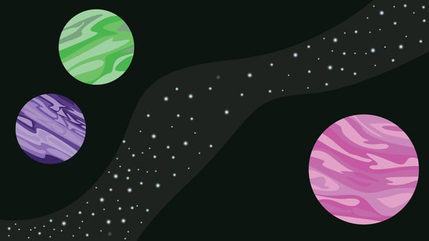 a black background with a green, purple and pink planets vector