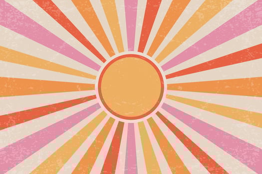 Retro sun background. Retro groovy radial rays. 70s summer vintage poster. Abstract carnival graphic. Grunge texture wallpaper. vector