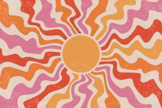 Retro sun rays background. Groovy abstract radial pattern. Vintage summer poster with wavy sunburst. 70s graphic design with grunge texture vector