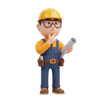 Cartoon Builder with Blueprint Pensive Construction Worker in Overalls png