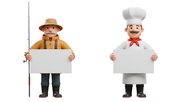Professions Holding Blank Signs Fisherman and Chef 3D Render png