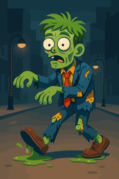 Zombie Character in Suit with Slime Trail and Green Skin Strolling Through a Haunted City Street vector