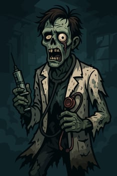 ombie Doctor Holding Syringe and Stethoscope in a Dark, Abandoned Hospital Setting vector