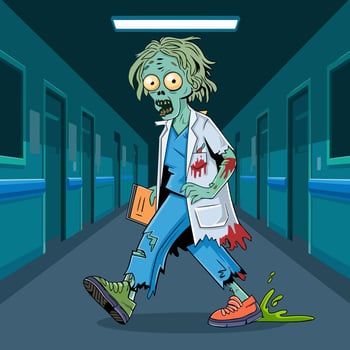 Zombie Doctor Stumbling Through Hospital Hallway with Bloodstained Lab Coat and Green Slime vector