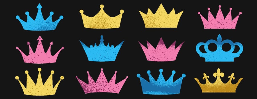 Colourful crown collage with cutout king and queen designs. Torn retro paper scraps with pink, blue, yellow doodles, punk patterns, and Y2K textures vector