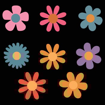 Colorful Retro Cartoon Flowers Set Cute Floral Clipart on Black Background. vector
