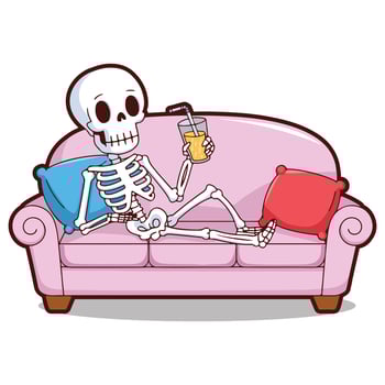 Cute Cartoon Skeleton Relaxing on a Sofa with Juice Funny Halloween Clipart . vector