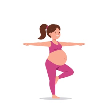 Pregnant woman practicing yoga in pink activewear demonstrating balance in a joyful atmosphere, flat illustration vector
