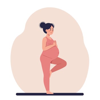 Pregnant woman practicing yoga in a peaceful pose, minimalist design style, illustration vector