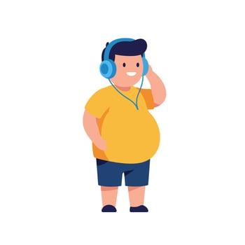 Happy boy wearing headphones in a yellow shirt with blue shorts, flat illustration vector