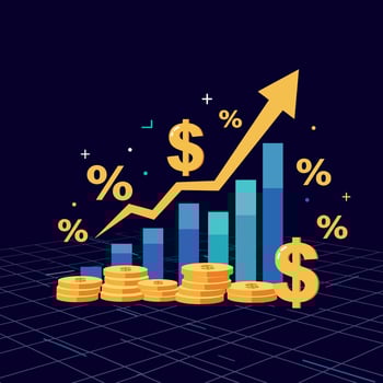 Financial growth chart with upward trend, gold coins, and currency symbols in flat art vector