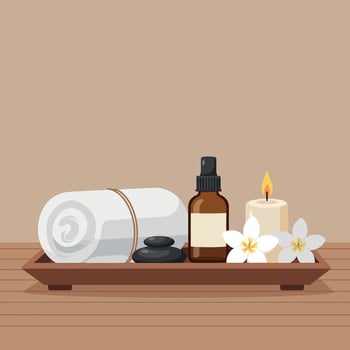Spa essentials featuring rolled towel, aromatherapy spray, candle, and flowers in minimal art vector