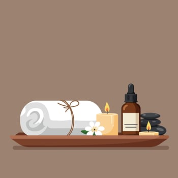 Spa essentials including rolled towel, aromatic candle, essential oil bottle, and smooth stones in flat art vector