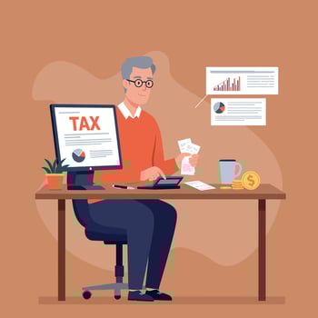 Elderly man working on tax preparation at desk in flat art vector